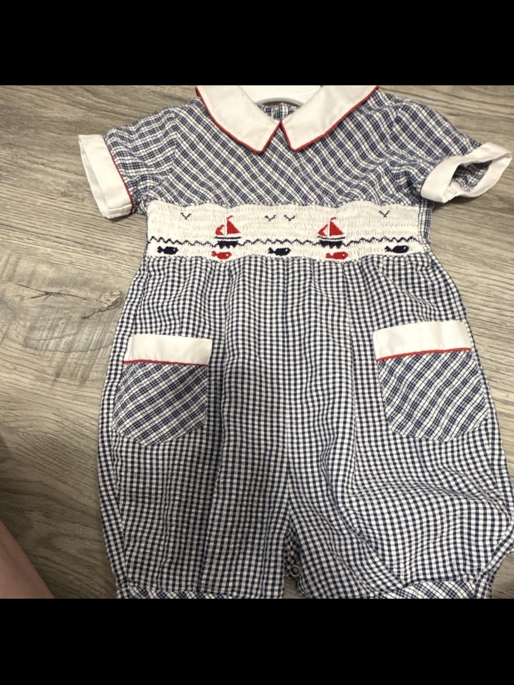 Carriage Boutique Navy and White Gingham Smocked Sailboat One-Piece